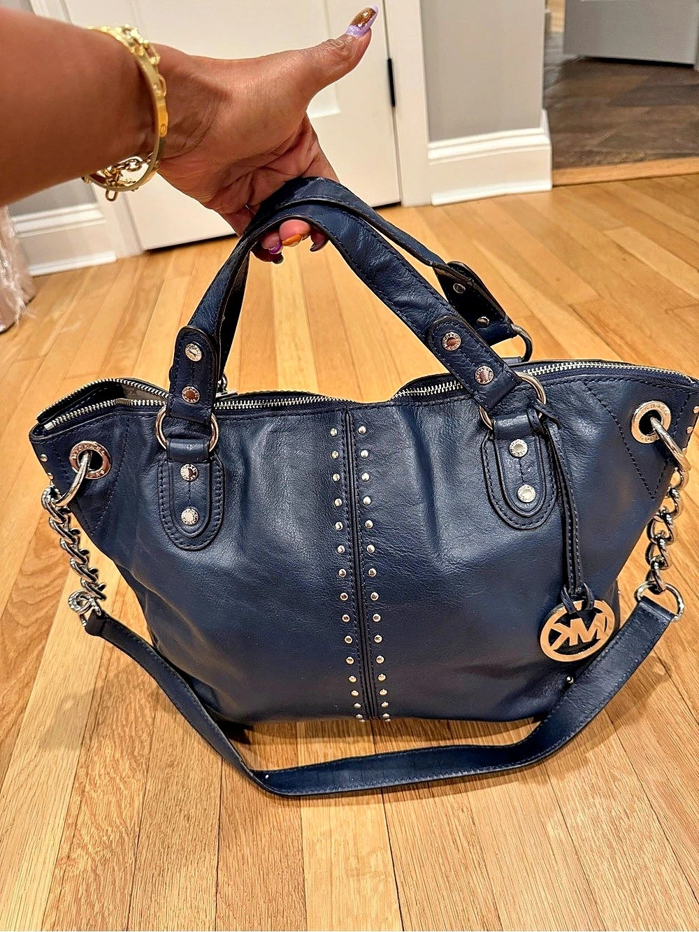 Michael Kors Astor LG Chain Satchel Studded Blue